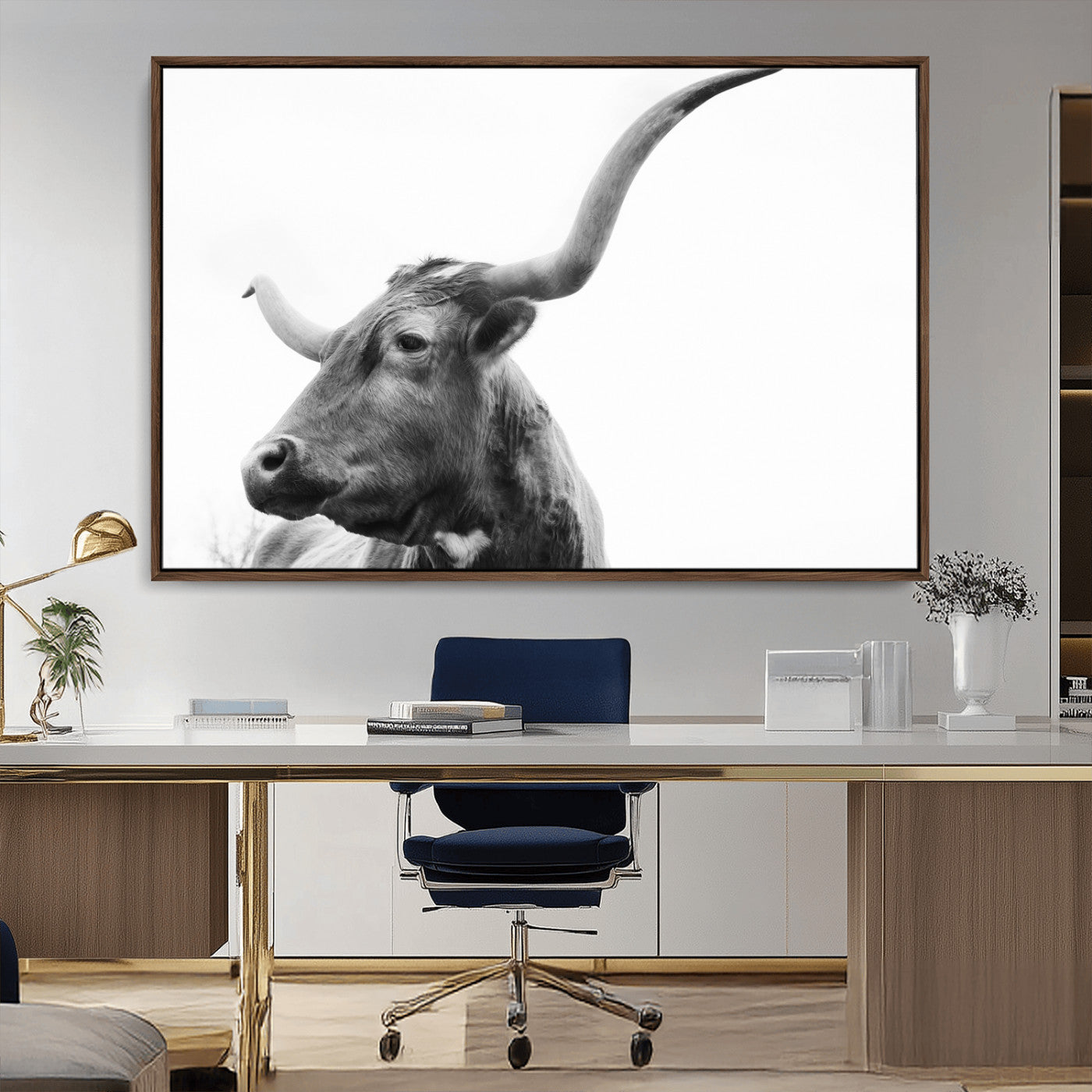 -Longhorn Wall Art Wall Art Canvas Print, Framed Modern Ranch Style Art Art Picture Print, Monochrome Cow Print Perfect Rustic Western Decor Artwork