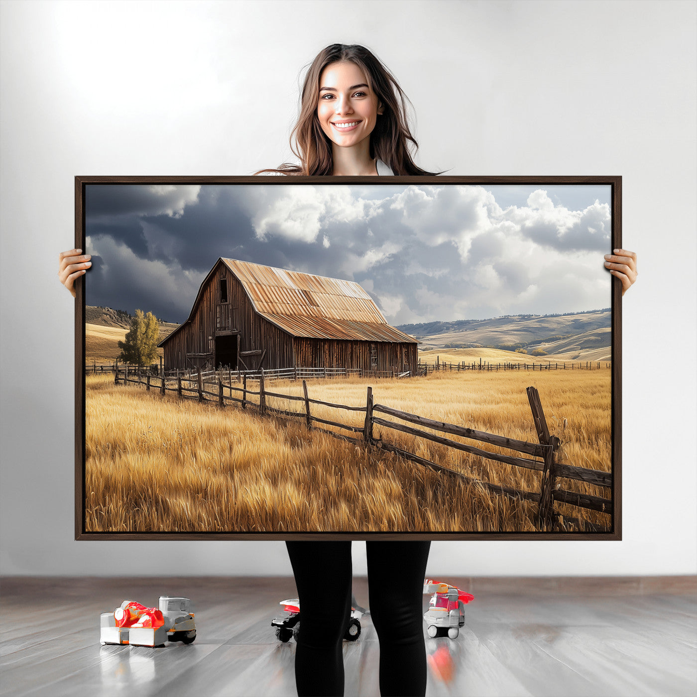 -Rustic Barn Wall Art Canvas Print, Framed Moody Barn Art Picture Print, Golden Field Perfect Rustic