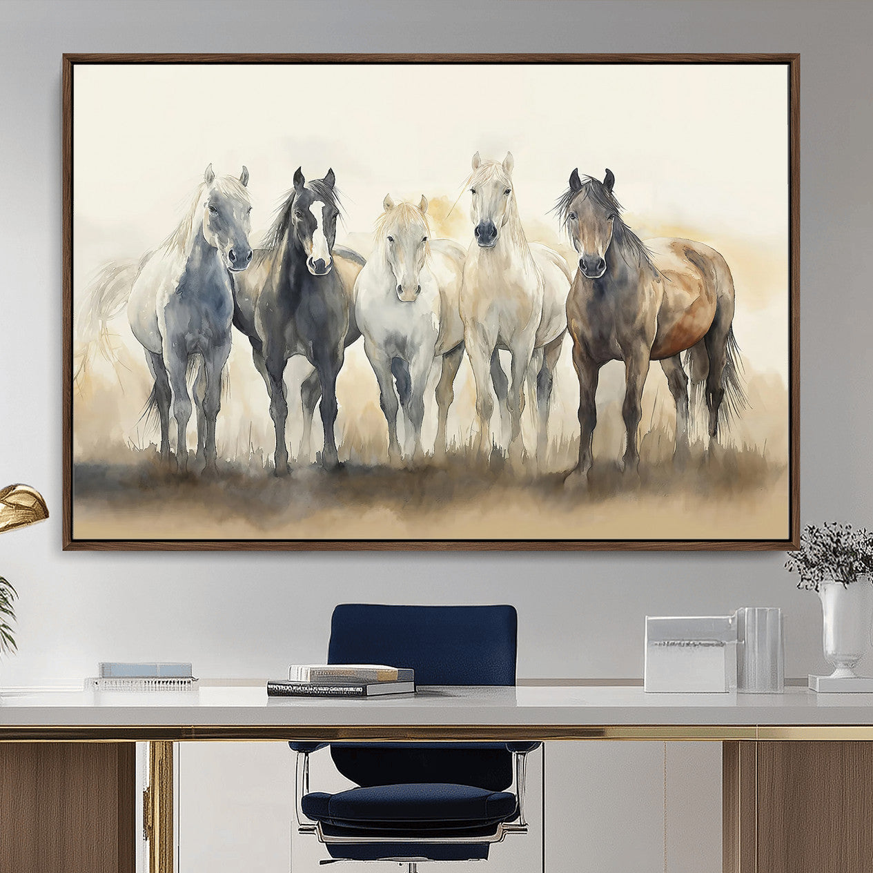 MGV-FC-36X24 - Wild Horses Wall Art Canvas Print, Framed Running Horses Art Picture Print, Watercolor Horses Perfect Rustic Western Decor Artwork