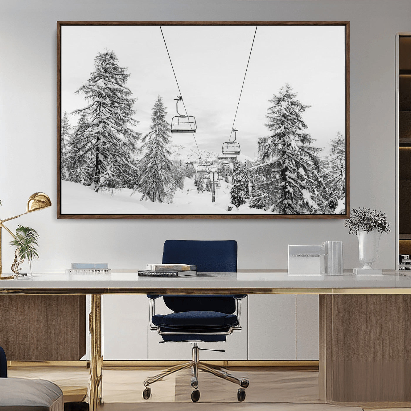55003599-MGV-CV-36X24-Snowy Ski Lift Wall Art – Framed Winter Forest Canvas Artwork, Peaceful Mountain Design, Modern Nature Decor for Home, Office