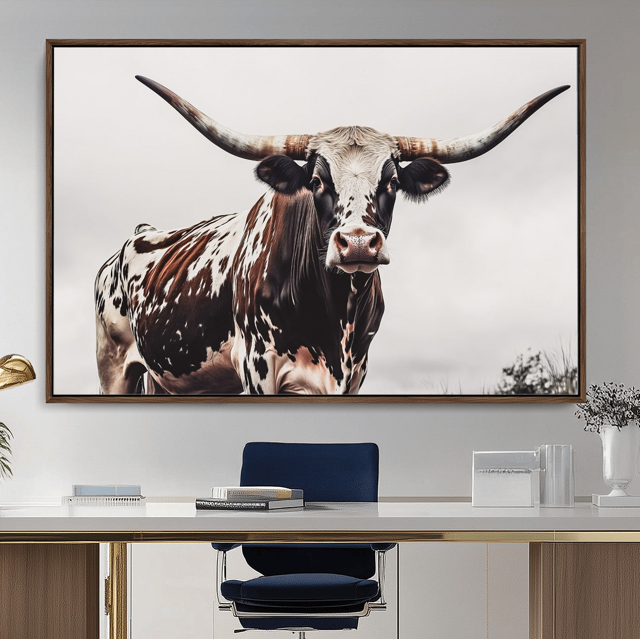 MGV-FC-36X24 - Texas Longhorn Wall Art Canvas Print, Framed Spotted Bull Art Picture Print, Horned Cattle Perfect Rustic Farmhouse Decor Artwork