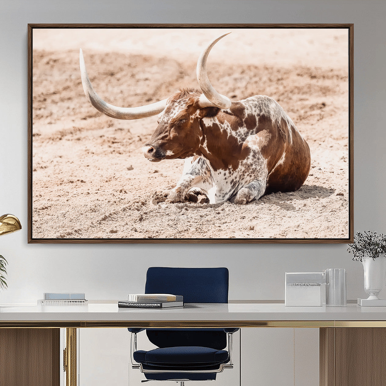 91248682-MGV-CV-36X24-Texas Longhorn Wall Art Canvas Print – Framed Resting Bull Scene with Spotted Cattle Artwork for Home, Office
