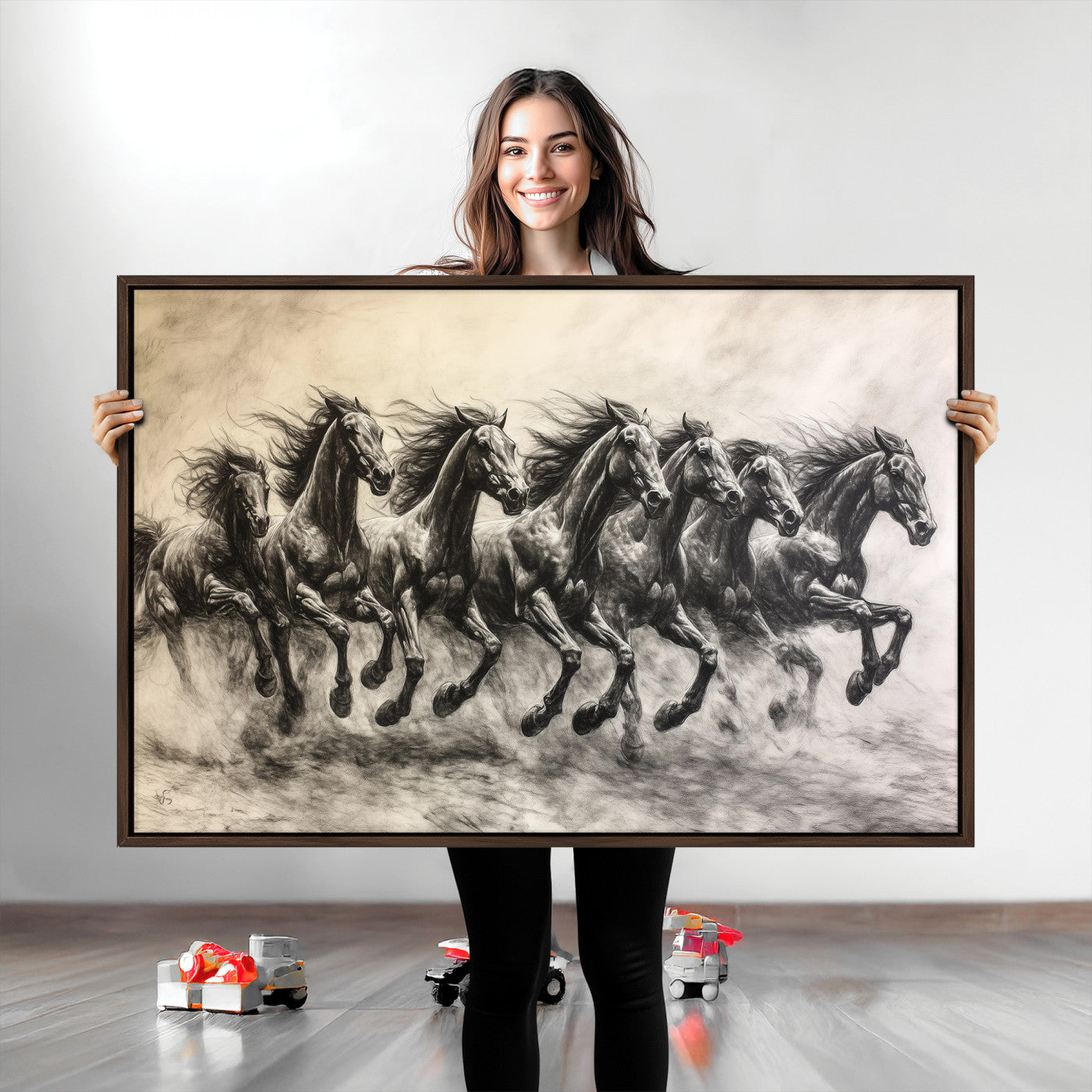 -Galloping Horses Wall Art Canvas Print, Framed Wild Stallions Art Picture Print, Horse Herd Sketch