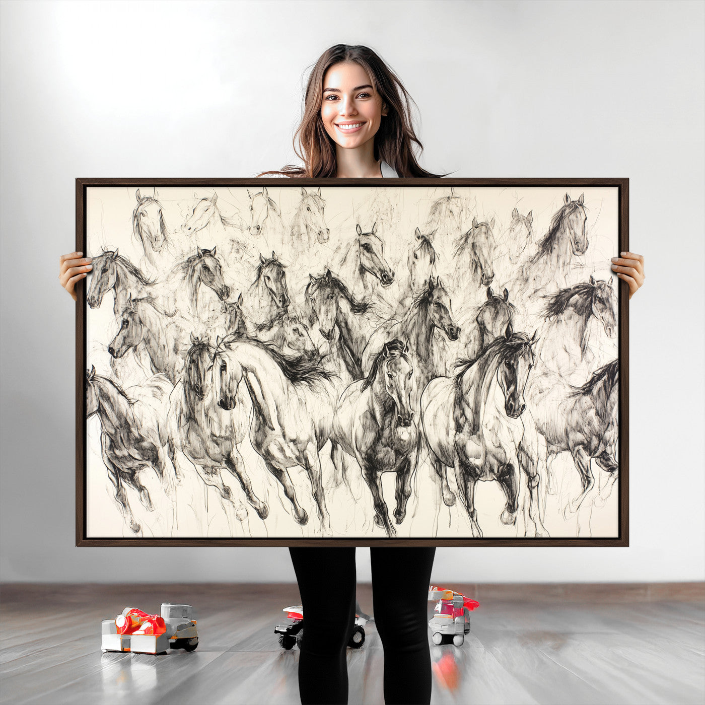 19433417-MGV-CV-36X24-Running Horses Wall Art Canvas Print – Framed Galloping Herd Dynamic Equestrian Sketch Nature Artwork for Home Office