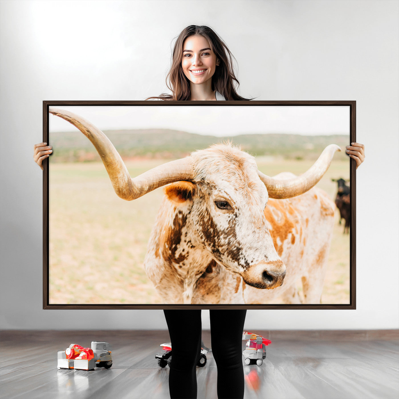 -Texas Longhorn Wall Art Canvas Print, Framed Speckled Cow Art Picture Print, Rustic Bull Perfect