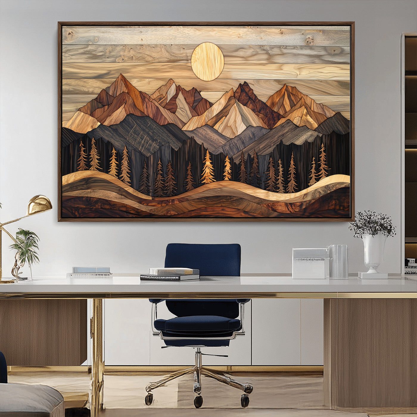50100230-MGV-CV-36X24-Wood Mountain Wall Art Canvas Print – Framed Boho Abstract Woodland Rustic Farmhouse Geometric Artwork for Home Office