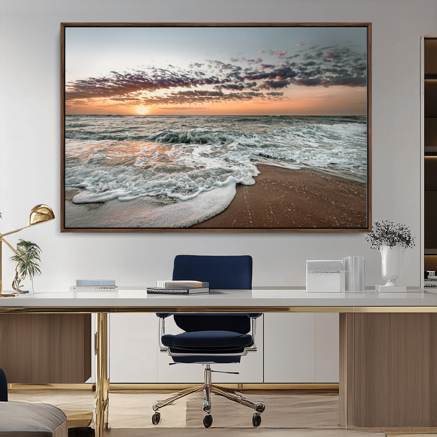 40632752-MGV-CV-36X24-Ocean Sunset Wall Art Canvas Print – Framed Beach Waves Scene with Coastal Artwork for Home, Office, Living Room