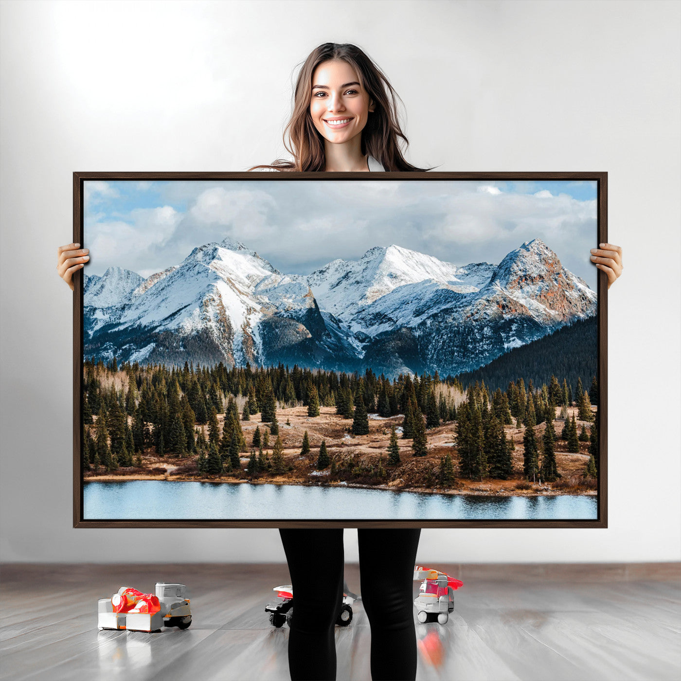 -Snowy Peaks Wall Art Canvas Print, Framed Alpine Lake Art Picture Print, Pine Forest Perfect Alpine