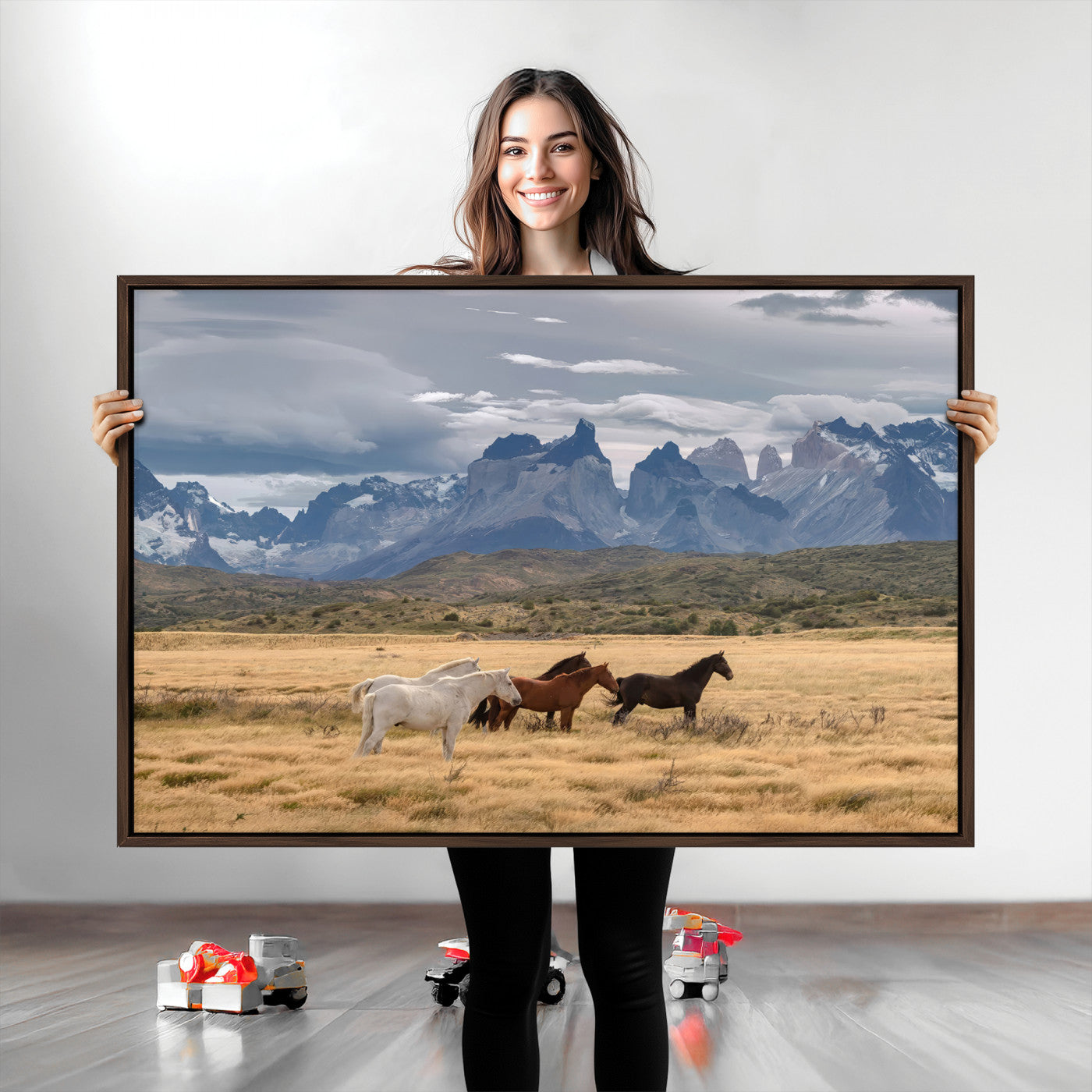 69960232-MGV-CV-36X24-Horses Grazing Wall Art Canvas Print – Framed Mountain Field Scenic Landscape Cloudy Sky Nature Artwork for Home Office