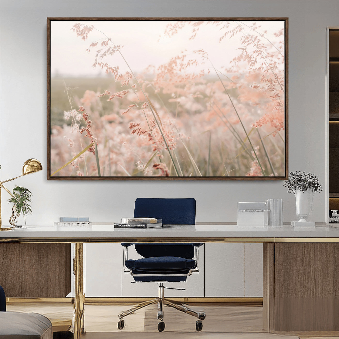 79164340-MGV-FC-36X24_Walnut-Pastel Grasses Wall Art Canvas Print, Framed Soft Meadow Art Picture Print, Field in Breeze Perfect Soft Pastel Minimal Decor Artwork
