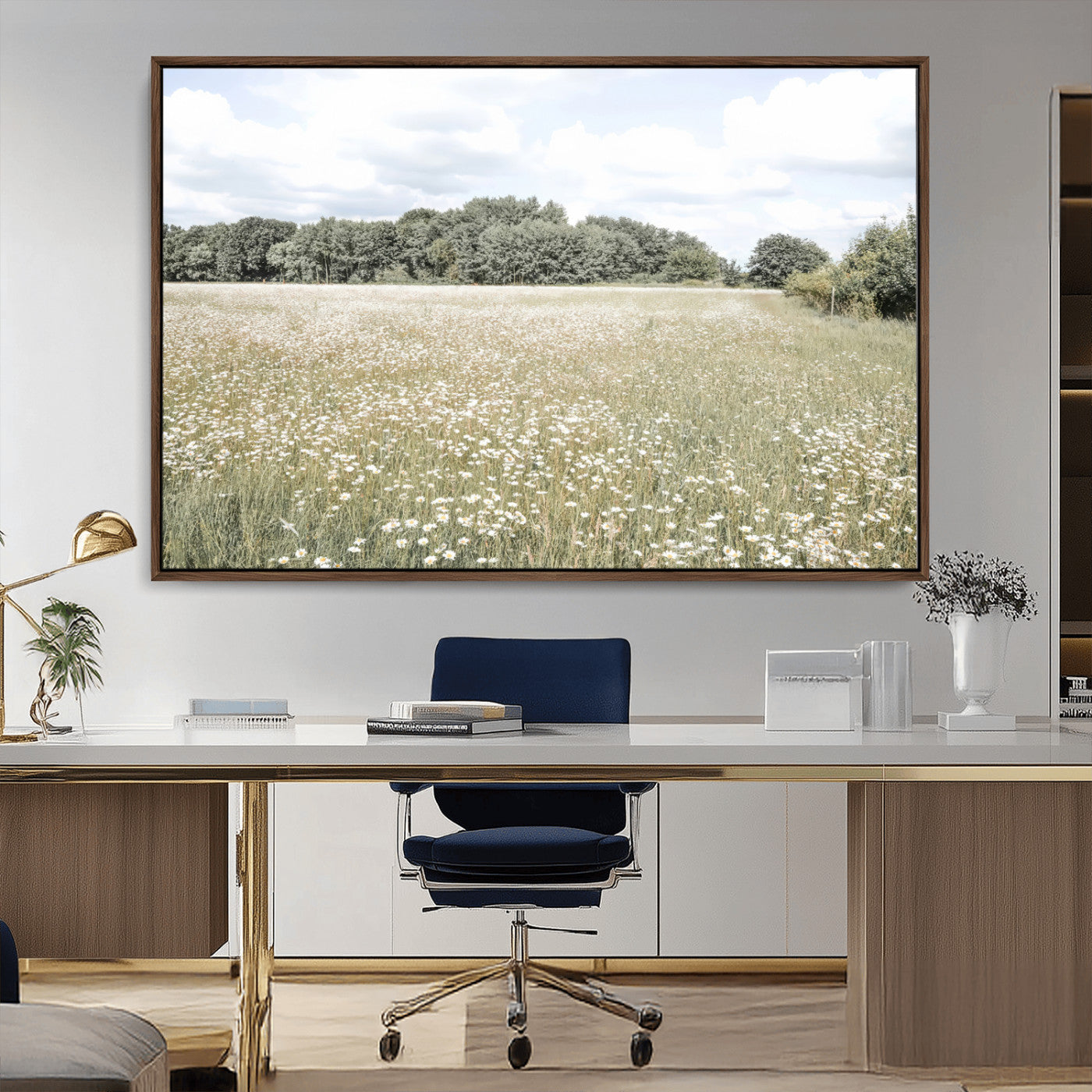 43258946-MGV-FC-36X24_Walnut-Charming Daisy Field Wall Art Canvas Print – Framed Pastel Flower Meadow Bloom Scandinavian Minimal Artwork for Home Office