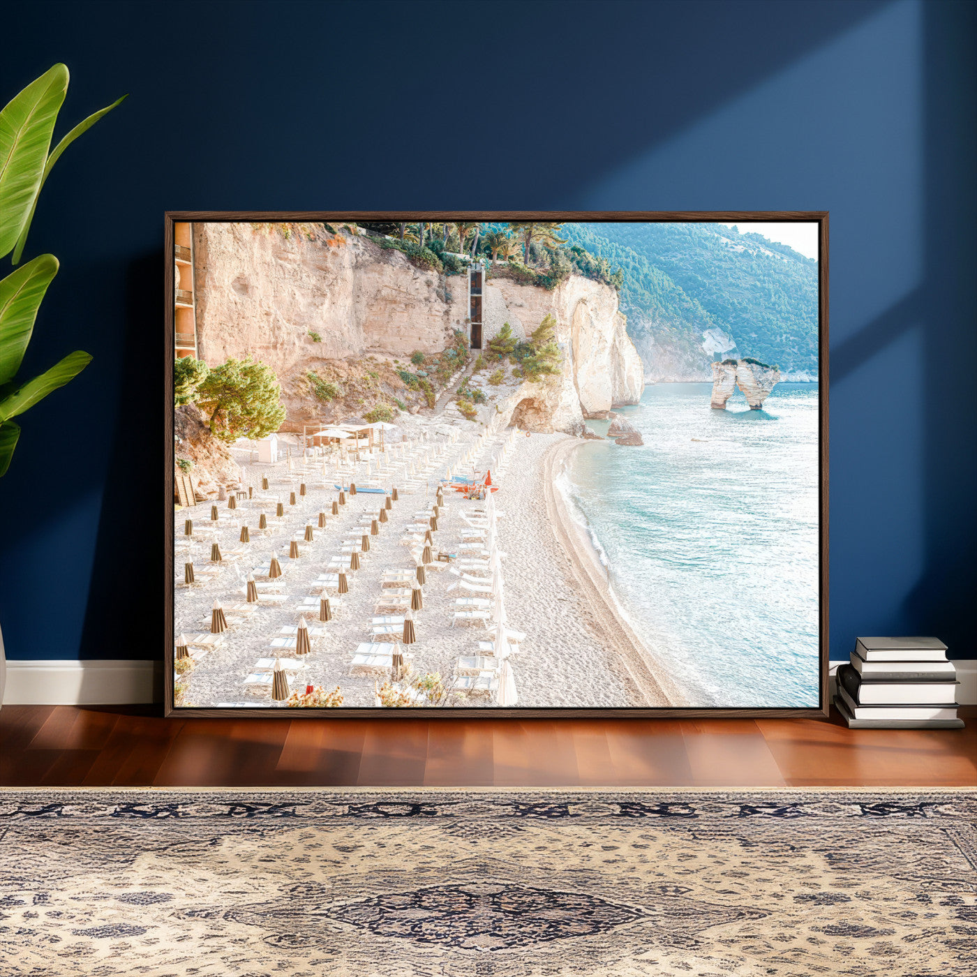 84816639-MGV-CV-36X24 - Sunny Beach Wall Art – Chairs & Umbrellas Canvas Print, Clear Water, Rocky Cliffs, Coastal Calm for Living Room or Vacation Home Decor