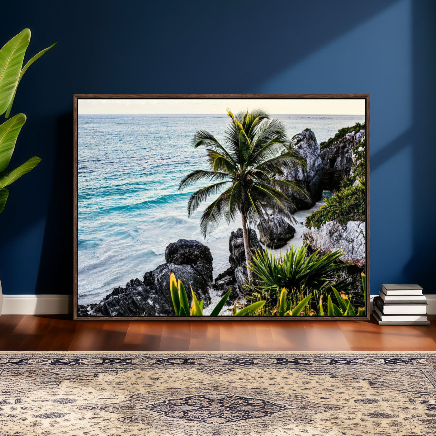 94669907-MGV-CV-36X24 - Tropical Palm Wall Art – Coastal Rocks Canvas Print, Ocean Breeze, Sandy Shore, Vibrant Green Foliage for Living Room or Beach House Decor