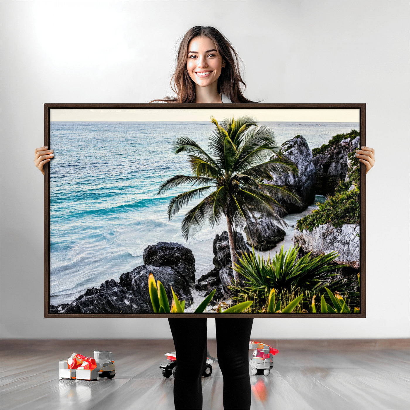 94669907-MGV-CV-36X24-Tropical Coastline Wall Art Canvas Print – Framed Palm Tree and Rocky Beach Scene Artwork for Home, Office Decor