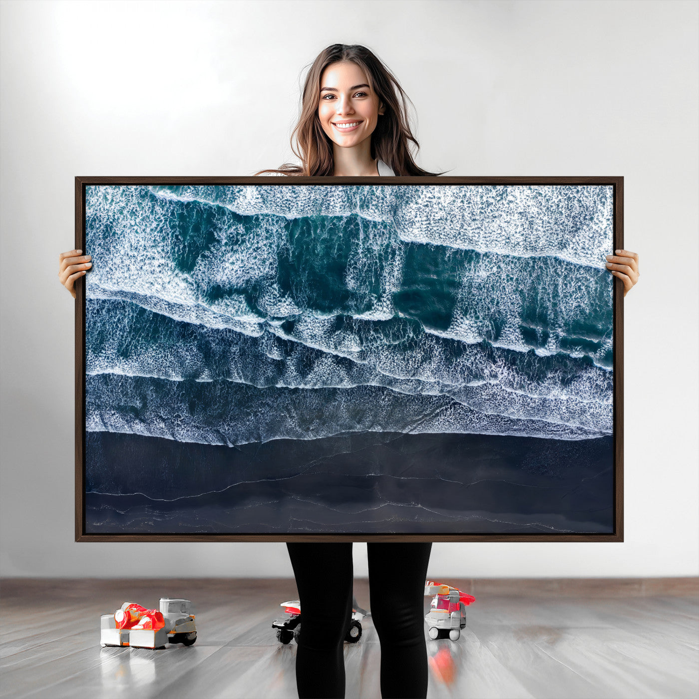 87941475-MGV-CV-36X24-Black Beach Wall Art Canvas Print – Framed Aerial Ocean View Moody Coastal Seascape Nature Artwork for Home Office