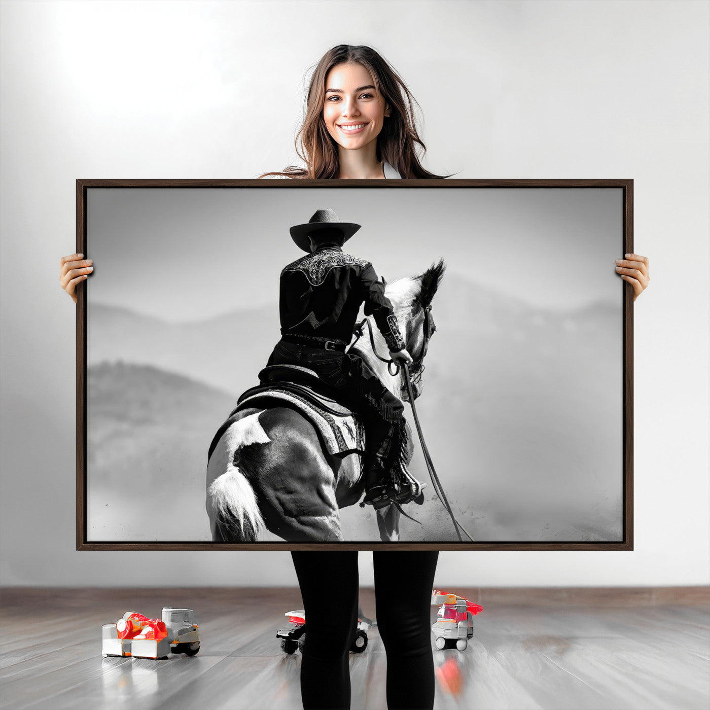 83102464-MGV-CV-36X24-Western Wall Art Canvas Print – Framed Cowboy and Horse Scene Artwork for Rustic Western Home, Office Decor
