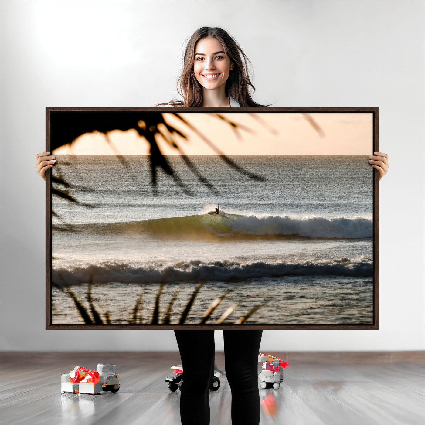 -Sunset Surf Wall Art Canvas Print, Framed Golden Hour Art Picture Print, Waves Perfect Boho Decor,