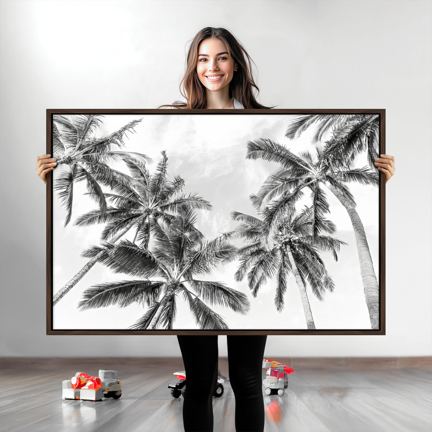 62113786-MGV-CV-36X24-Black and White Palm Wall Art Canvas Print – Framed Monochrome Tropical Beach Scene Artwork for Modern Home, Office Decor