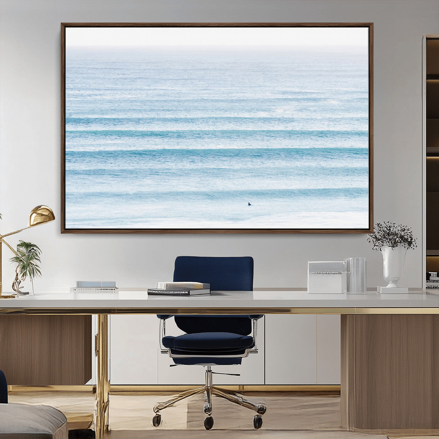 MGV-FC-36X24 - Ocean Simplicity Wall Art Canvas Print, Framed Surfer on Water Art Picture Print, Light Blue Perfect Coastal Minimalist Decor Artwork