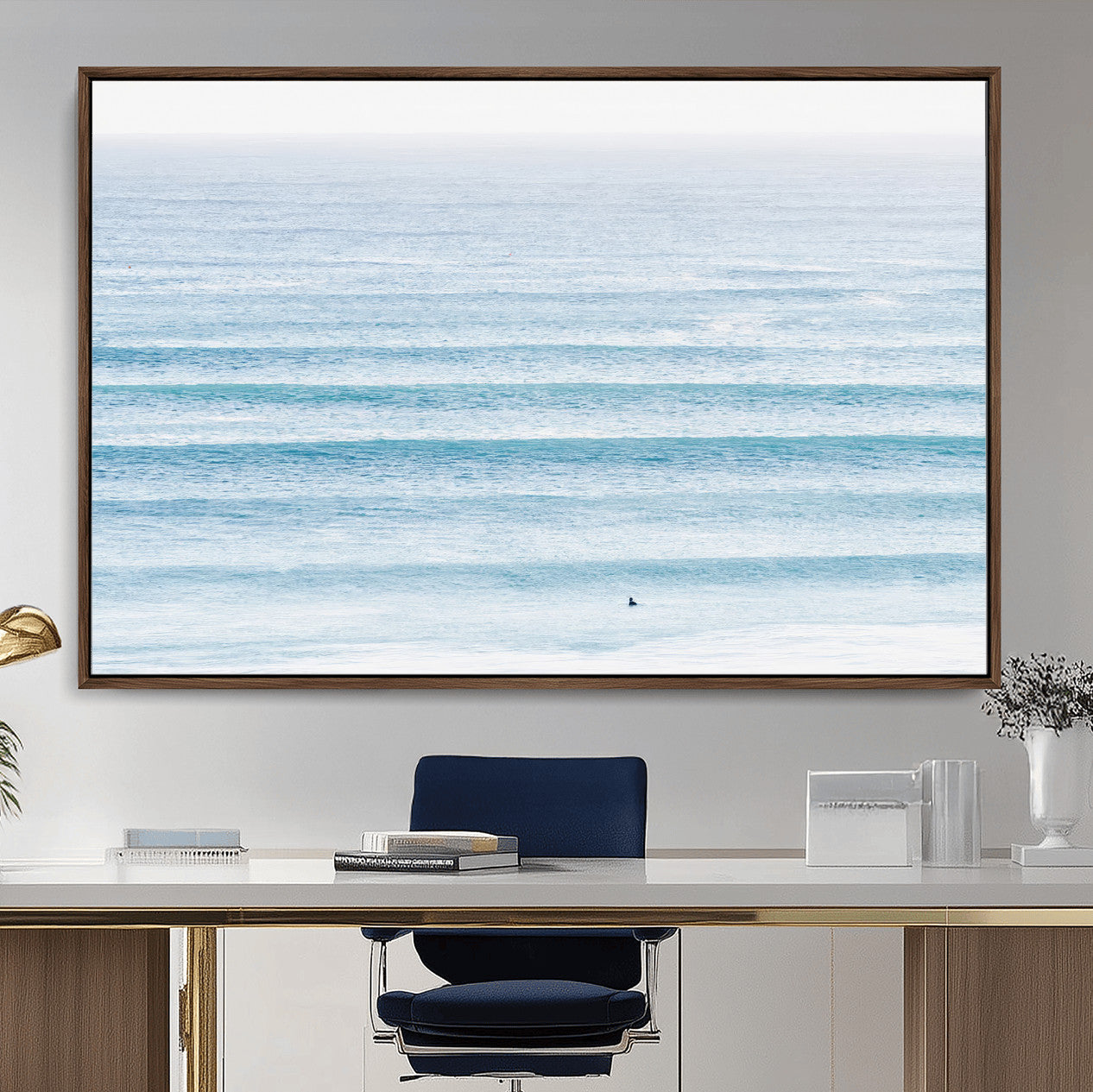 77145995-MGV-CV-36X24-Ocean Wave Surfer Wall Art – Framed Minimal Seascape Canvas Artwork, Calm Blue Water Design, Coastal Decor for Home, Office