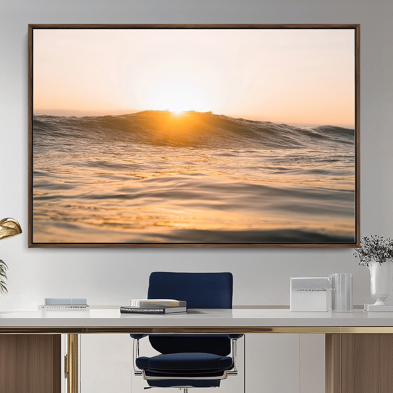 16973771-MGV-CV-36X24-Calm Water Wall Art – Framed Sunset Waves Canvas Artwork, Coastal Warm Design, Minimal Ocean Decor for Home, Office