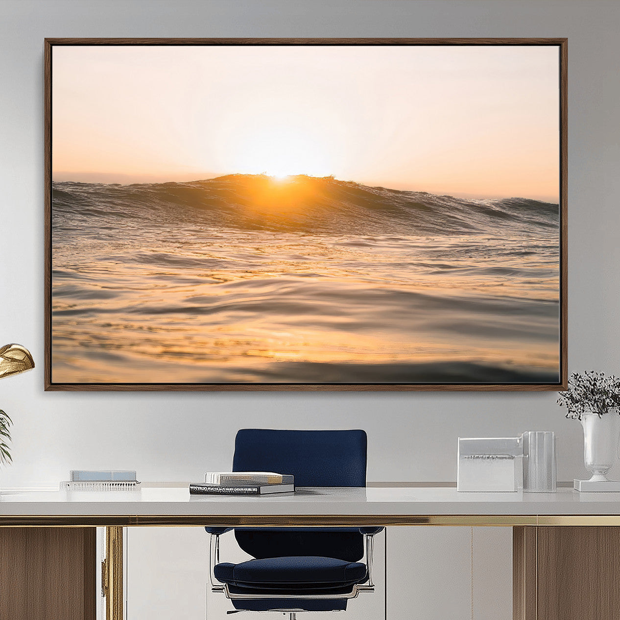 16973771-MGV-CV-36X24-Calm Water Wall Art – Framed Sunset Waves Canvas Artwork, Coastal Warm Design, Minimal Ocean Decor for Home, Office