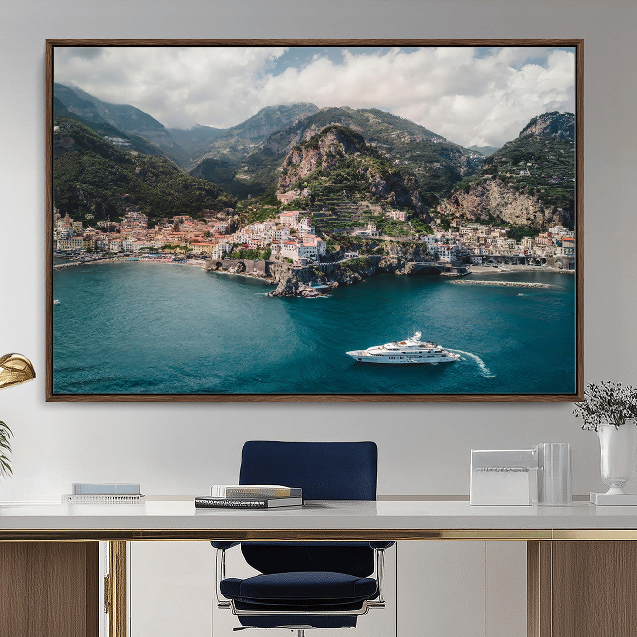 20321590-MGV-CV-36X24-Amalfi Coast Wall Art – Framed Italian Seaside Canvas Artwork, Mediterranean Landscape Design, Coastal Decor for Home, Office