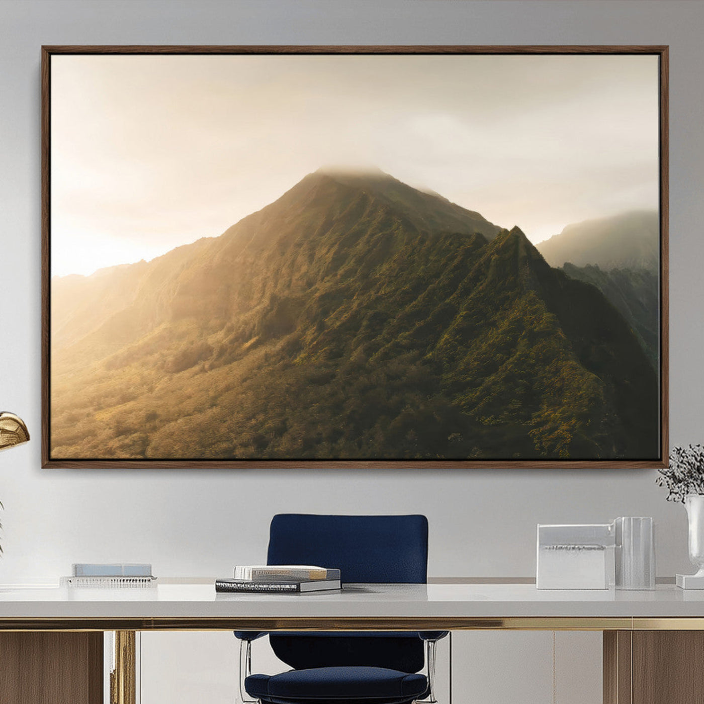MGV-FC-36X24 - Golden Mountain Wall Art Canvas Print, Framed Misty Summit Art Picture Print, Rugged Landscape Perfect Moody Wilderness Decor Artwork