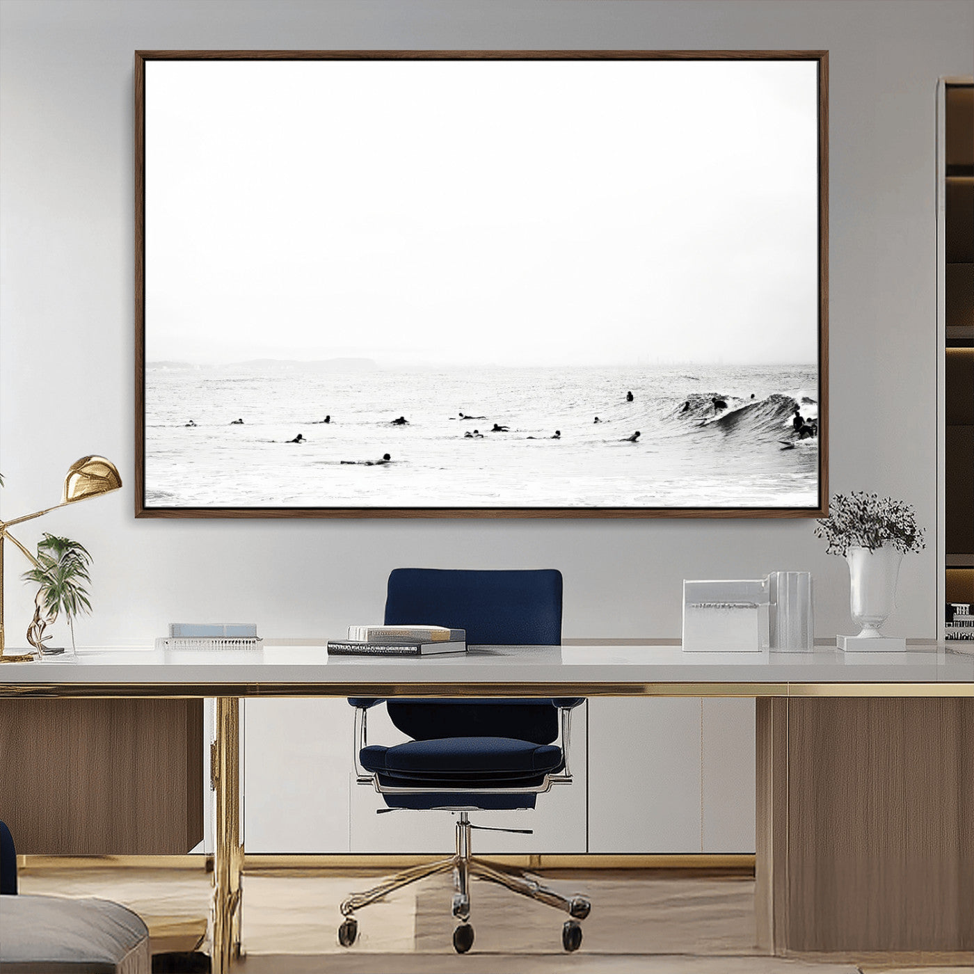 38441169-MGV-CV-36X24-Monochrome Swimming Wall Art Canvas Print – Framed Ocean Horizon Art Picture Moody Coastal Artwork for Home Office