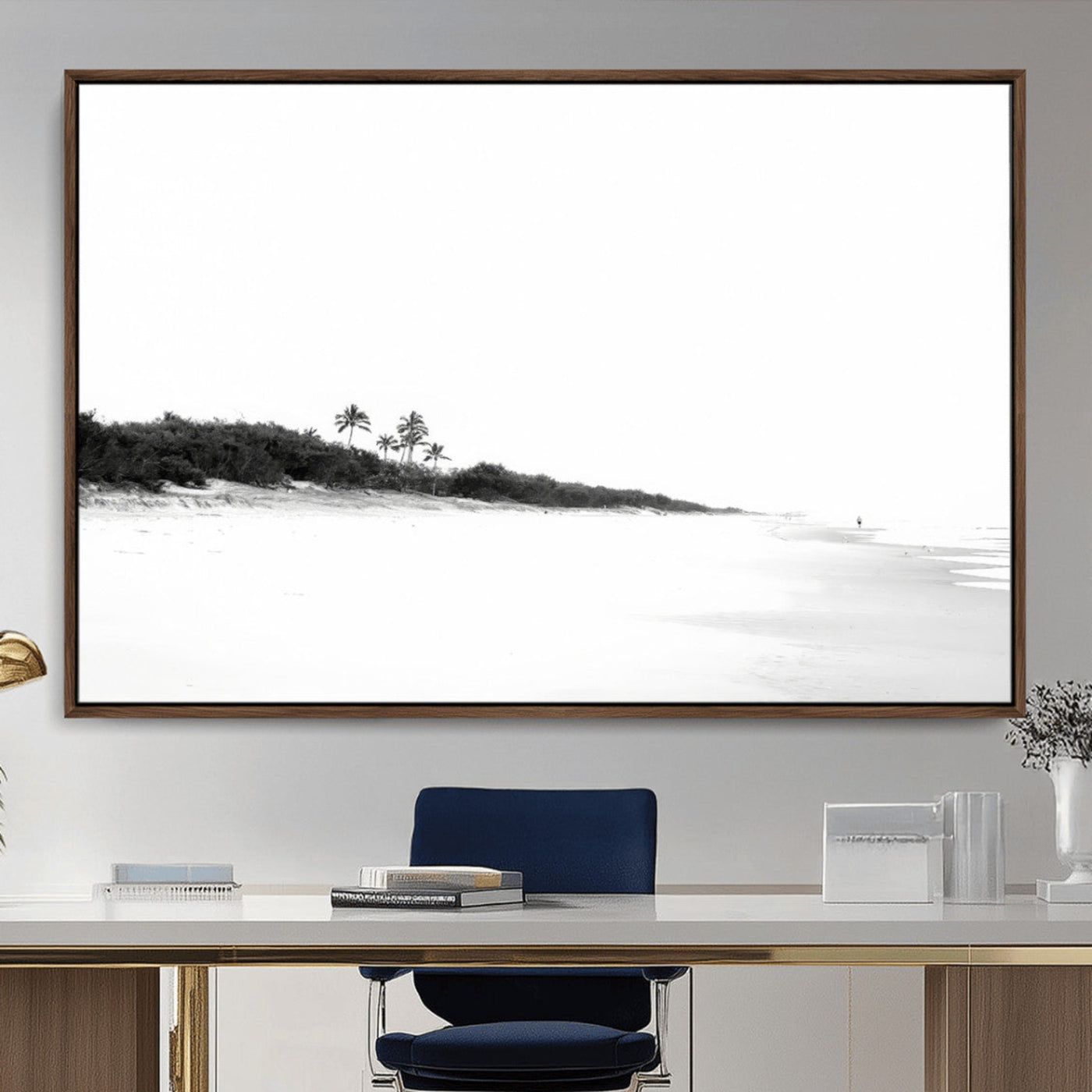 A black and white minimalist coastal scene with a vast open beach, distant palm trees, and a lone figure walking along the shoreline, evoking serenity and solitude.