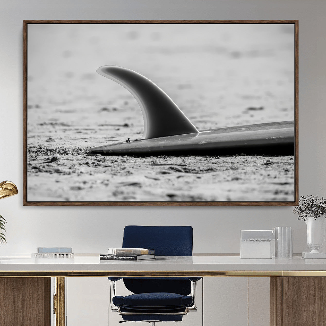 MGV-FC-36X24 - Black White Surfboard Wall Art Canvas Print, Framed Minimalist Beach Art Picture Print, Surf Fin Perfect Minimalist Coastal Decor Artwork