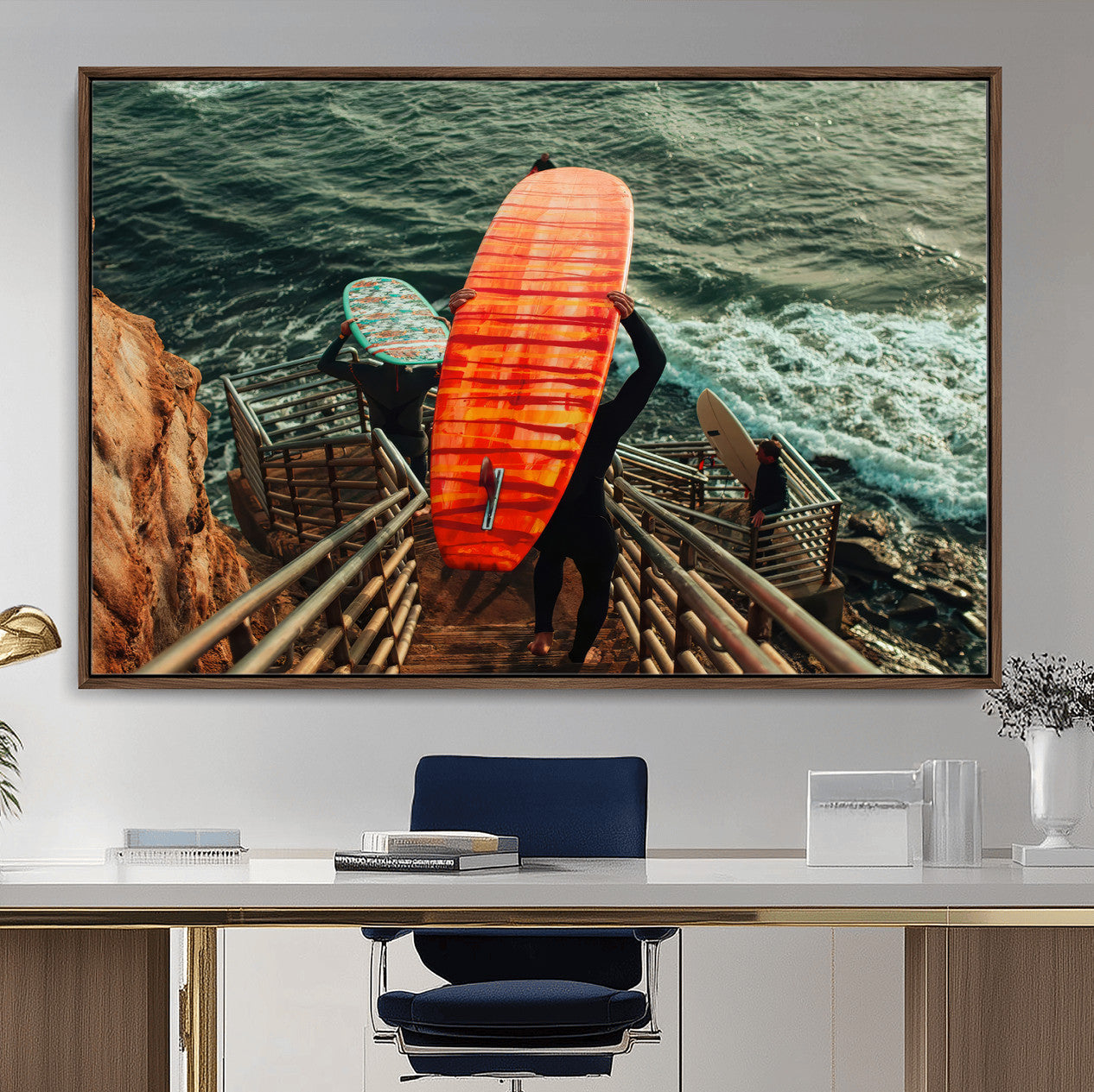 MGV-FC-36X24 - Surfer Stairway Wall Art Canvas Print, Framed Ocean Surf Art Picture Print, Sunset Coastal Perfect Coastal Adventure Decor Artwork