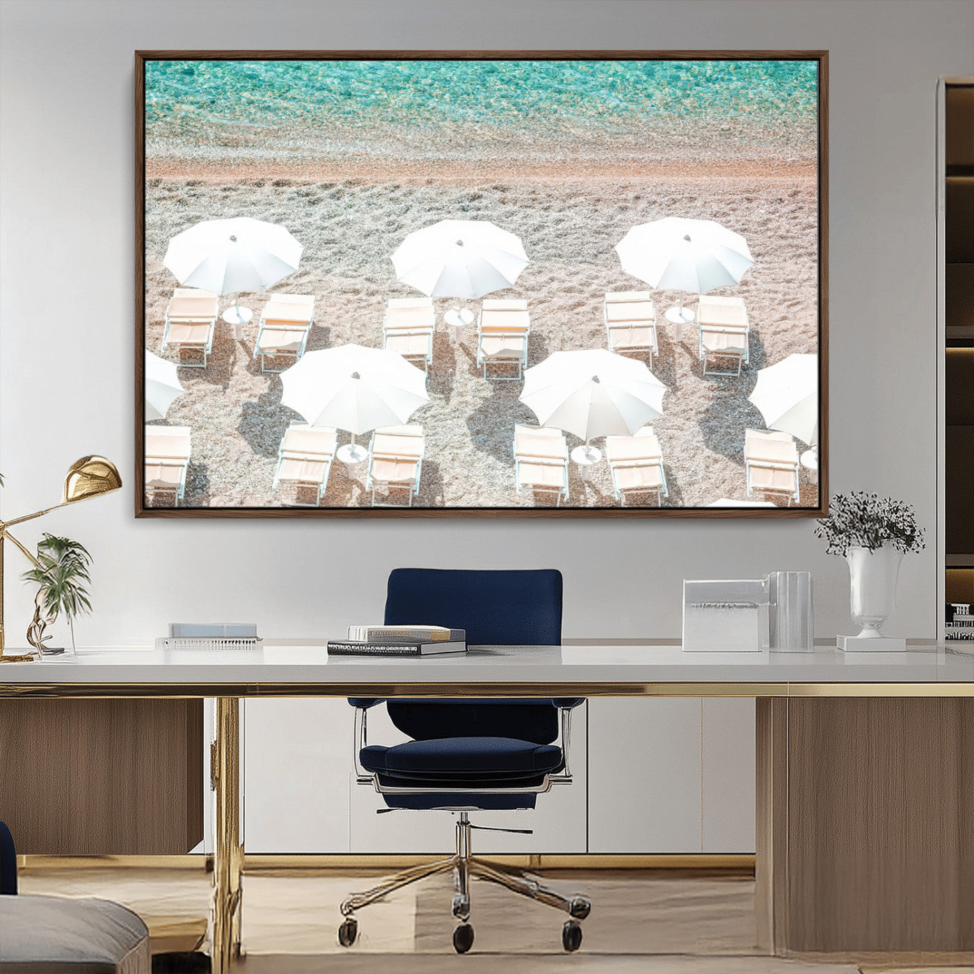 MGV-FC-36X24 - Calm Beach Wall Art Canvas Print, Framed Turquoise Water Art Picture Print, Umbrella Shoreline Perfect Coastal Minimalist Decor Artwork