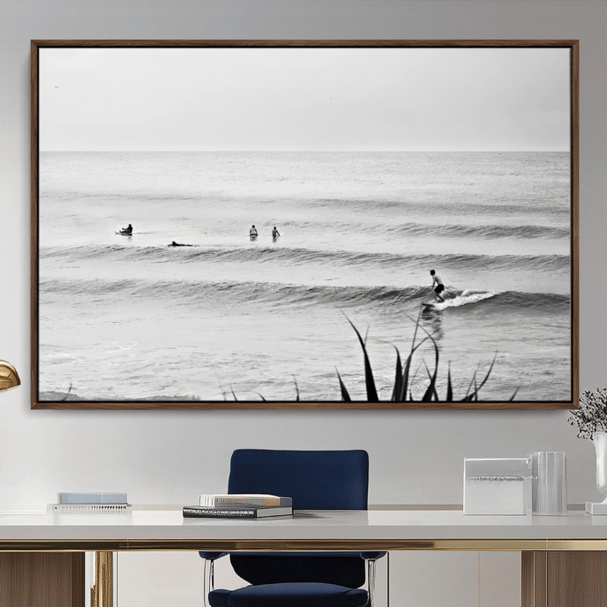 87750525-MGV-CV-36X24-Surfer Silhouette Wall Art Canvas Print – Framed Calm Ocean Art Picture Monochrome Surf Artwork for Home Office