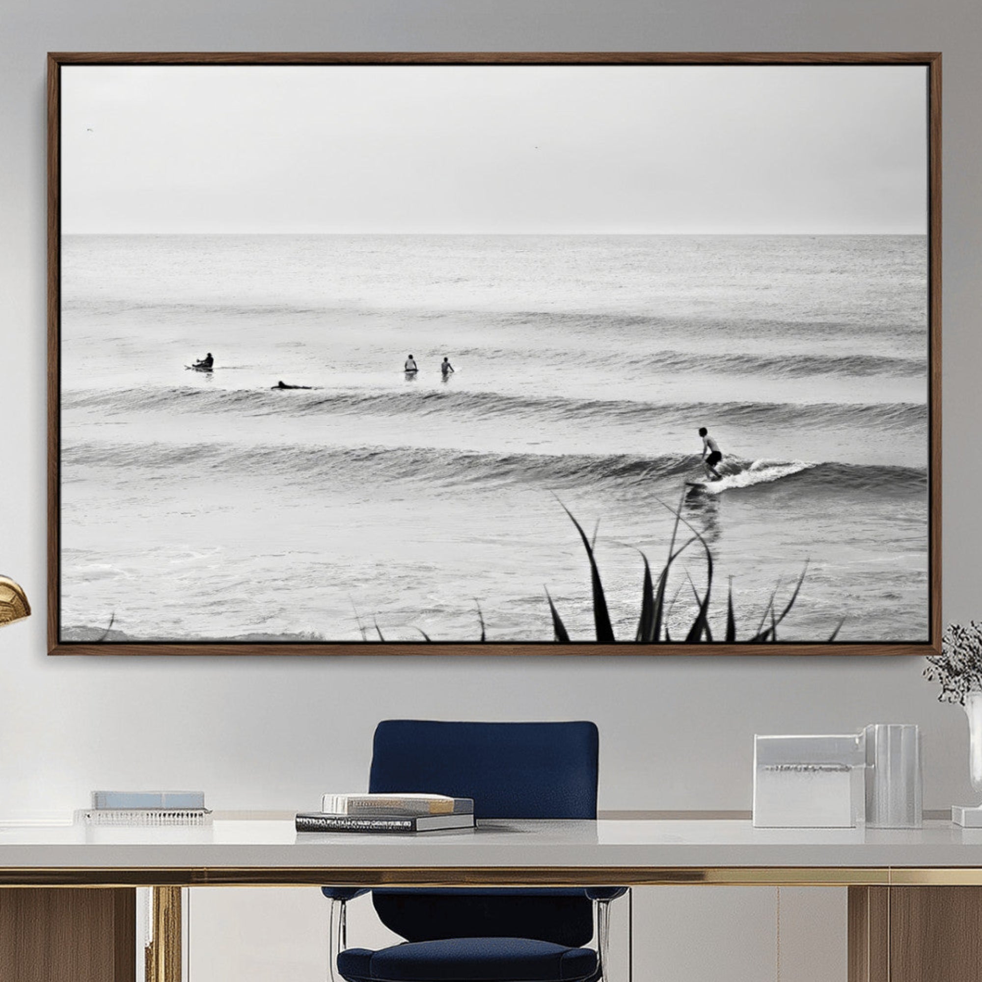 33821421-MGV-CV-36X24-Surfer Silhouette Wall Art Canvas Print, Framed Calm Ocean Artwork, Monochrome Surf Scene Decor for Home, Office