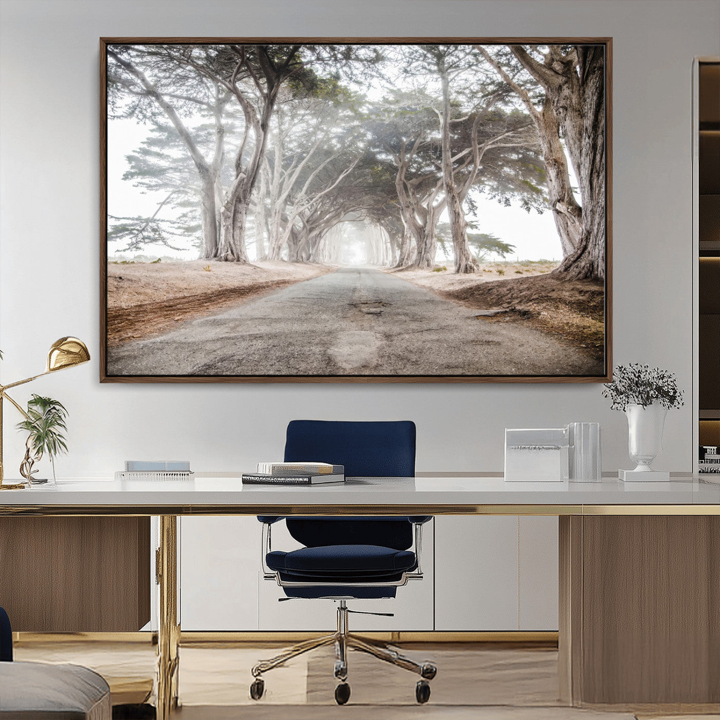 87090469-MGV-CV-36X24-Cypress Tunnel Wall Art – Framed Misty Road Canvas Artwork, Foggy Trees Design, Rustic Woodland Nature Decor for Home, Office