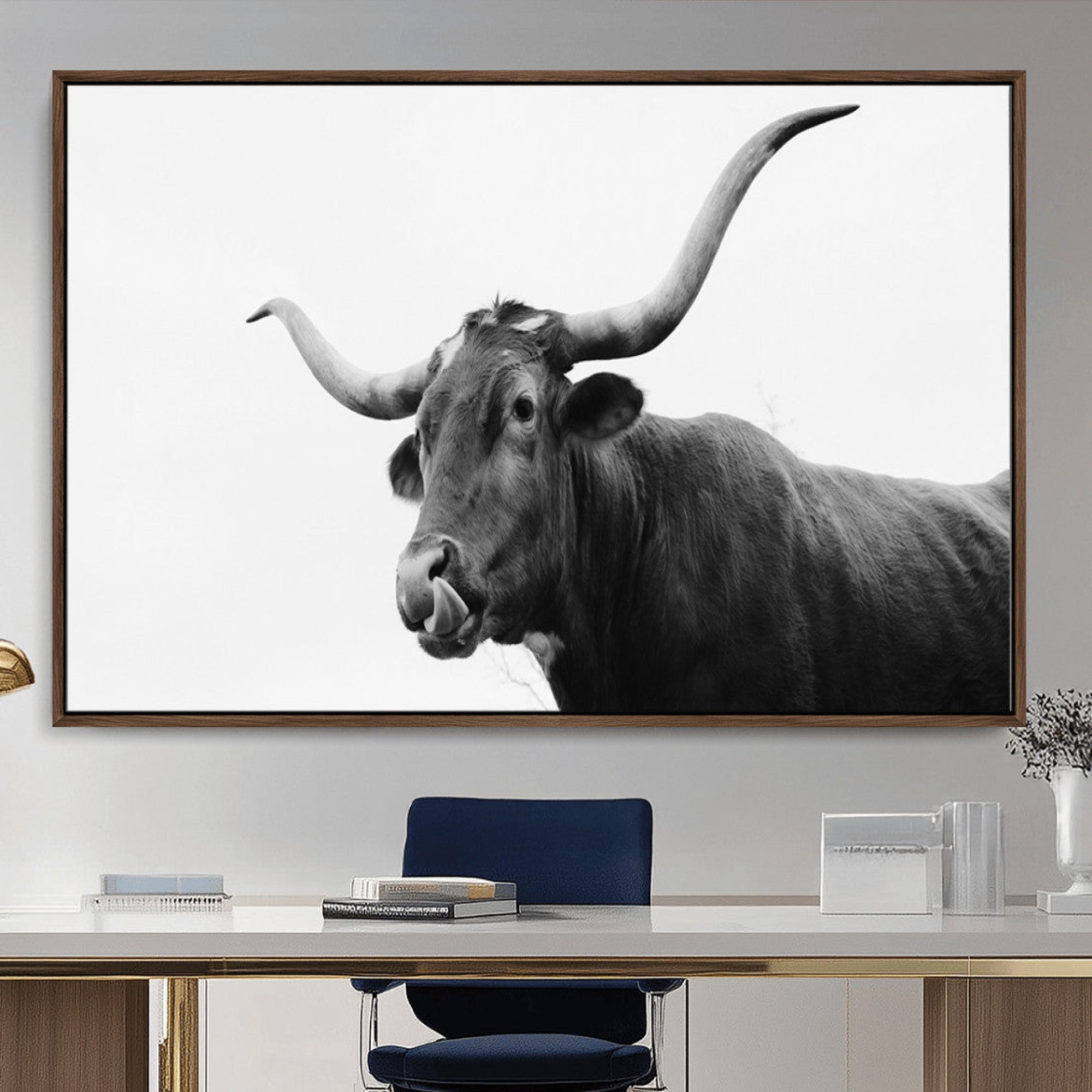 Black and white photo of a Texas Longhorn cow with curved horns, ideal for rustic, western or minimalist style home decor.