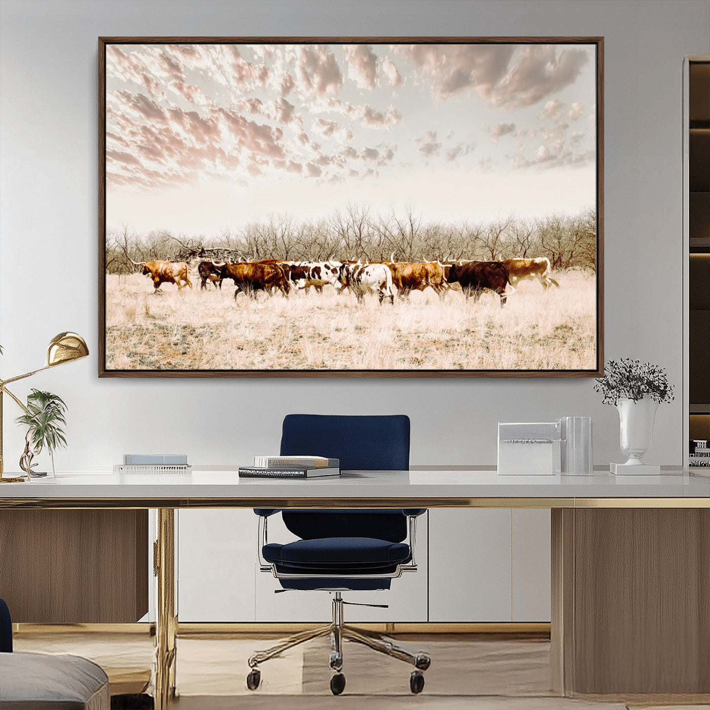 64892775-MGV-CV-36X24 - Longhorn Cattle Wall Art Canvas Print, Framed Texas Ranch Art Picture Print, Western Cow Perfect Western Decor Artwork