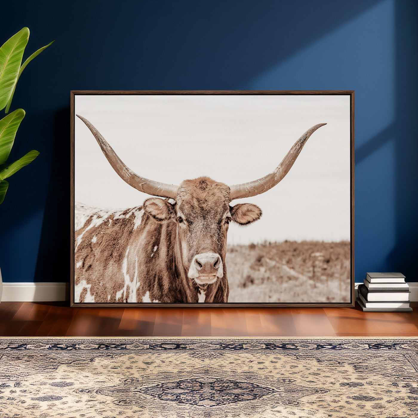 39964150-MGV-CV-36X24 - Longhorn Cow Wall Art Canvas Print, Texas Ranch Print, Framed Western Bull Art Print, Large BigHorn Cowboy Printing Perfect for County Decor