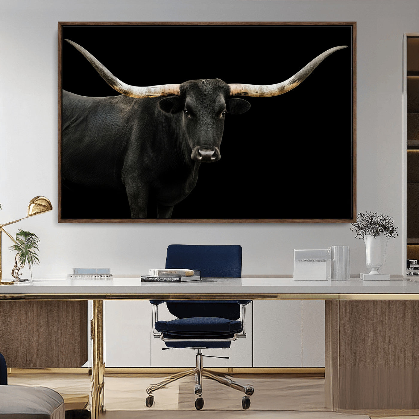 99448328-MGV-CV-36X24 - Longhorn Cattle Wall Art Canvas Print, Framed Texas Black Bull Art Picture Print, Western Cow Perfect Farmhouse Decor Artwork