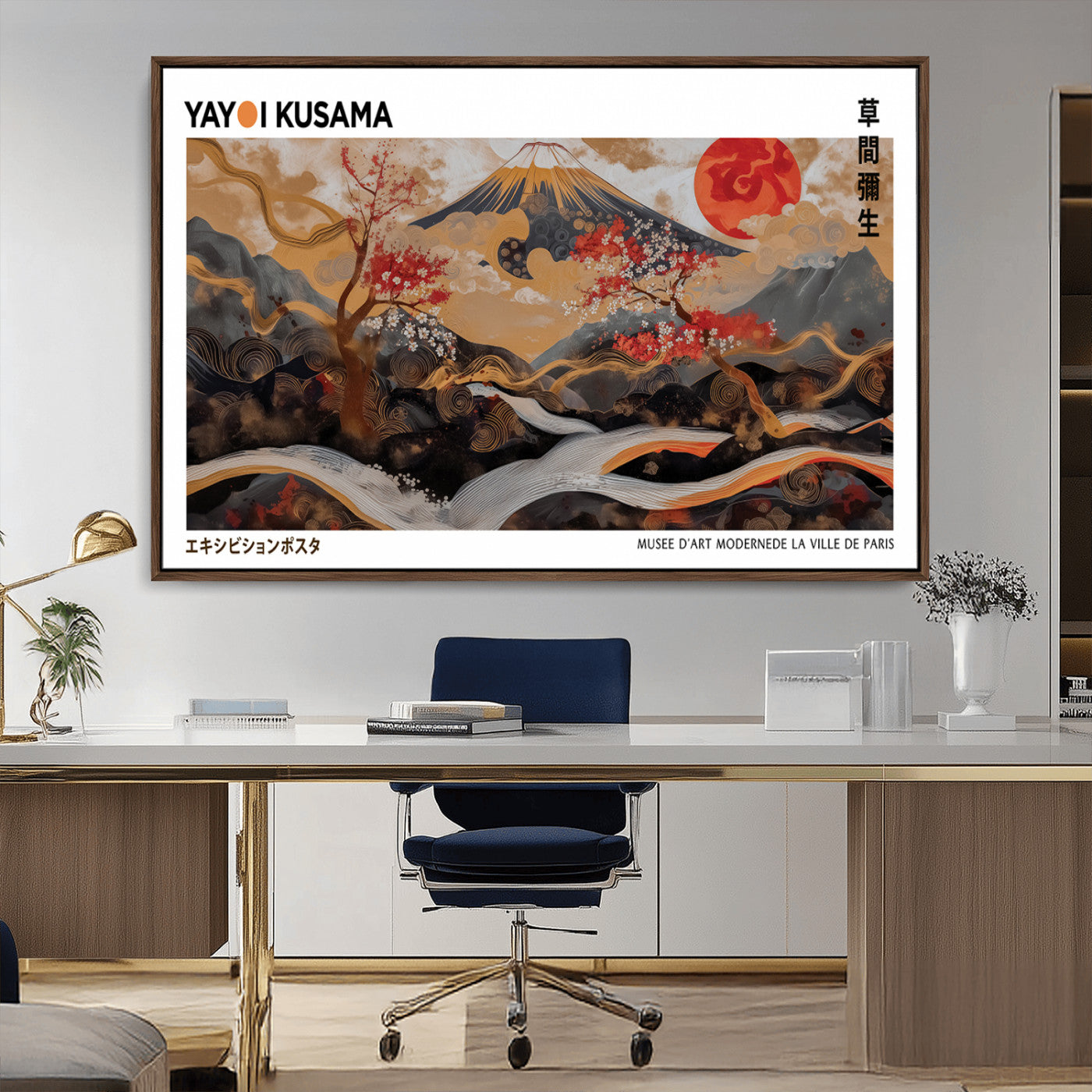 40959107-MGV-CV-36X24-Modern Japanese Wall Art Canvas Print – Framed Abstract Mount Fuji Scene Inspired Yayoi Kusama for Home, Office