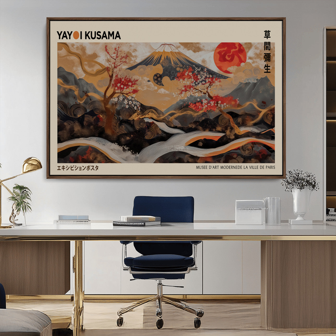 77970791-MGV-CV-36X24-Modern Japanese Wall Art Canvas Print – Framed Abstract Mount Fuji Scene with Yayoi Kusama Artwork for Home, Office