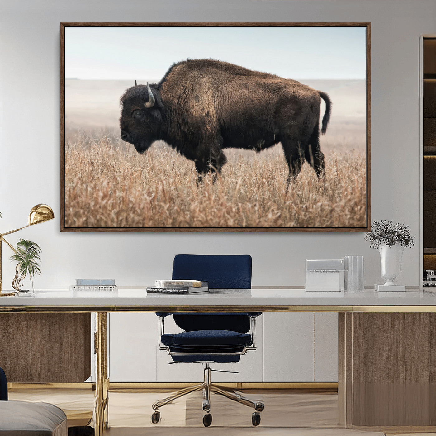 A lone bison stands in a vast prairie under a soft sky, evoking freedom and rustic charm for western or farmhouse inspired interiors.