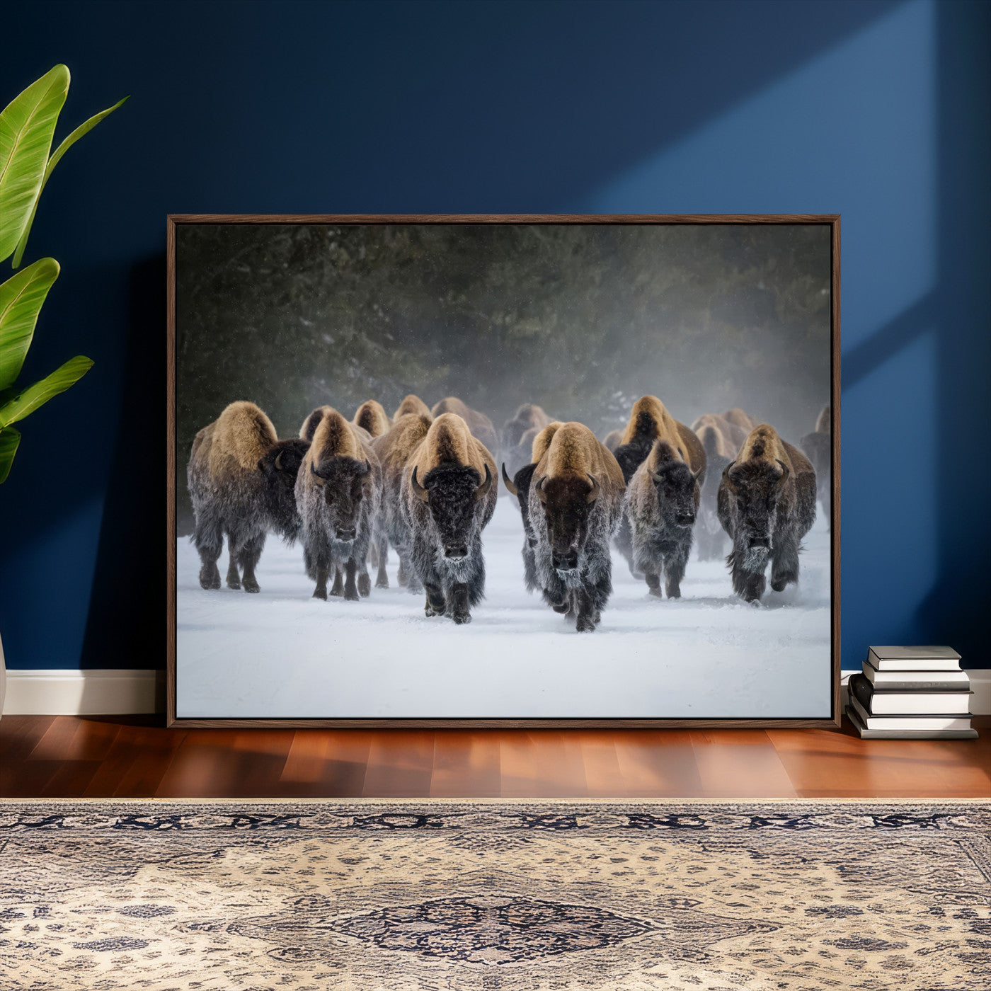 41669135-MGV-CV-36X24 - Winter Bison Herd Wall Art – Majestic Buffalo Charge Canvas Print with Snow Covered Plains, Rustic Wildlife Strength and Untamed Nature Decor for Home and Office