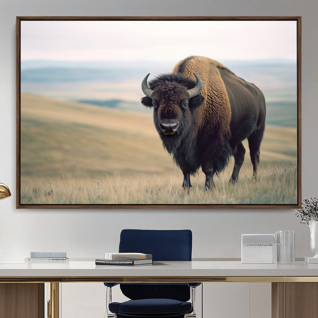 Bison Wall Art Canvas Print, Framed American Buffalo Rustic Western Artwork