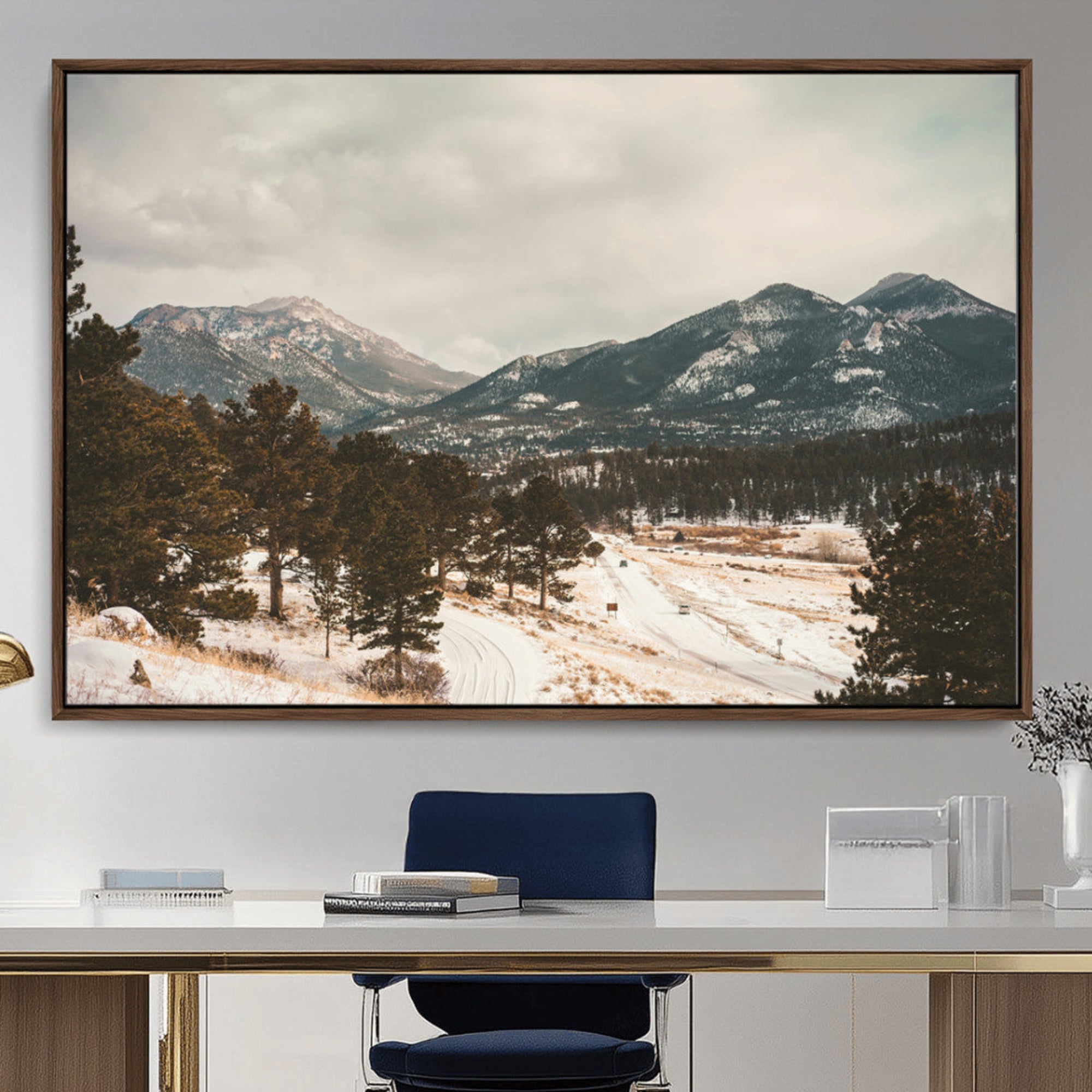 77311749-MGV-CV-36X24-Mountain Landscape Wall Art Canvas Print – Framed Snowy Peaks Alpine Aesthetic Rustic Winter Scene Artwork for Home Office