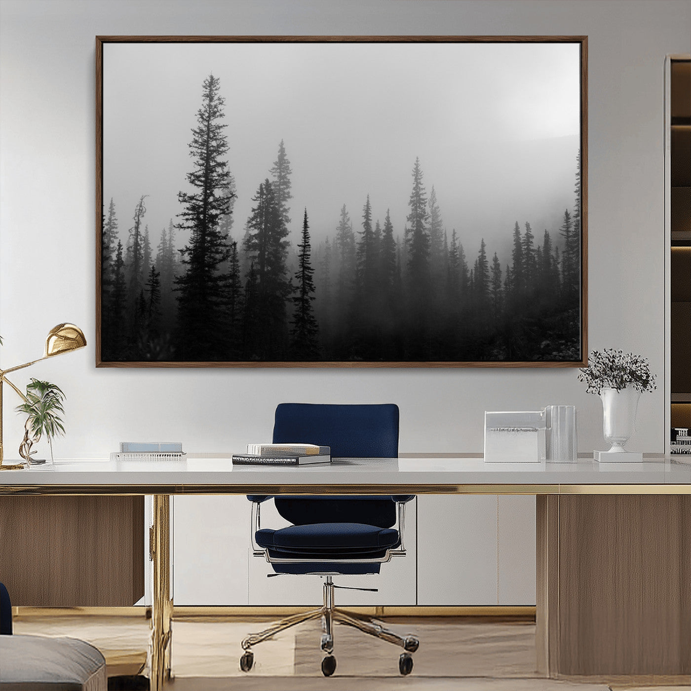 73138900-MGV-CV-36X24-Misty Pines Wall Art Canvas Print – Framed Woodland Minimalist Rustic Nature Scene Photography Artwork for Home Office