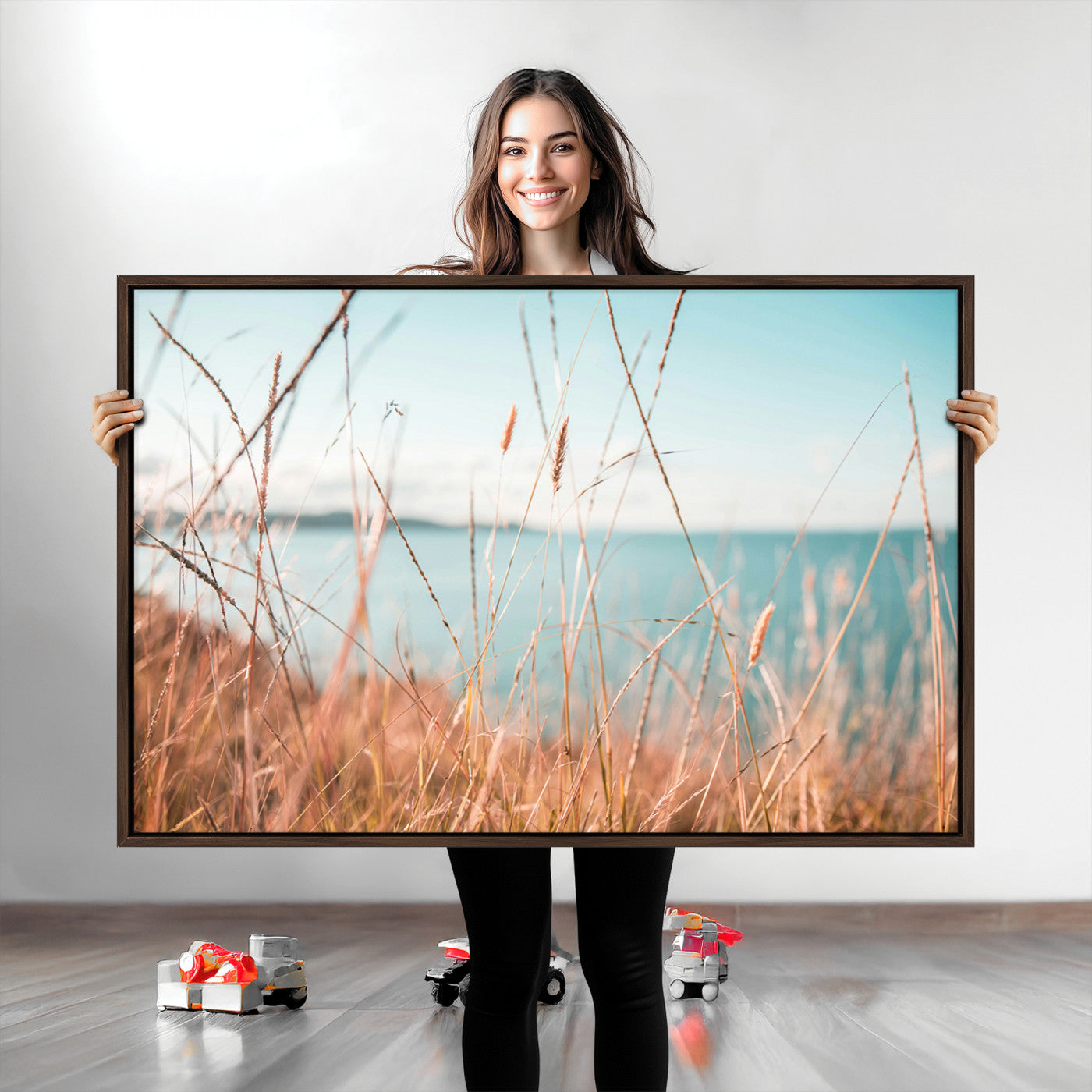 36108696-MGV-CV-36X24-Coastal Grass Landscape Wall Art Canvas Print – Golden Shoreline Nature Scene Serene Ocean View Artwork for Home Office