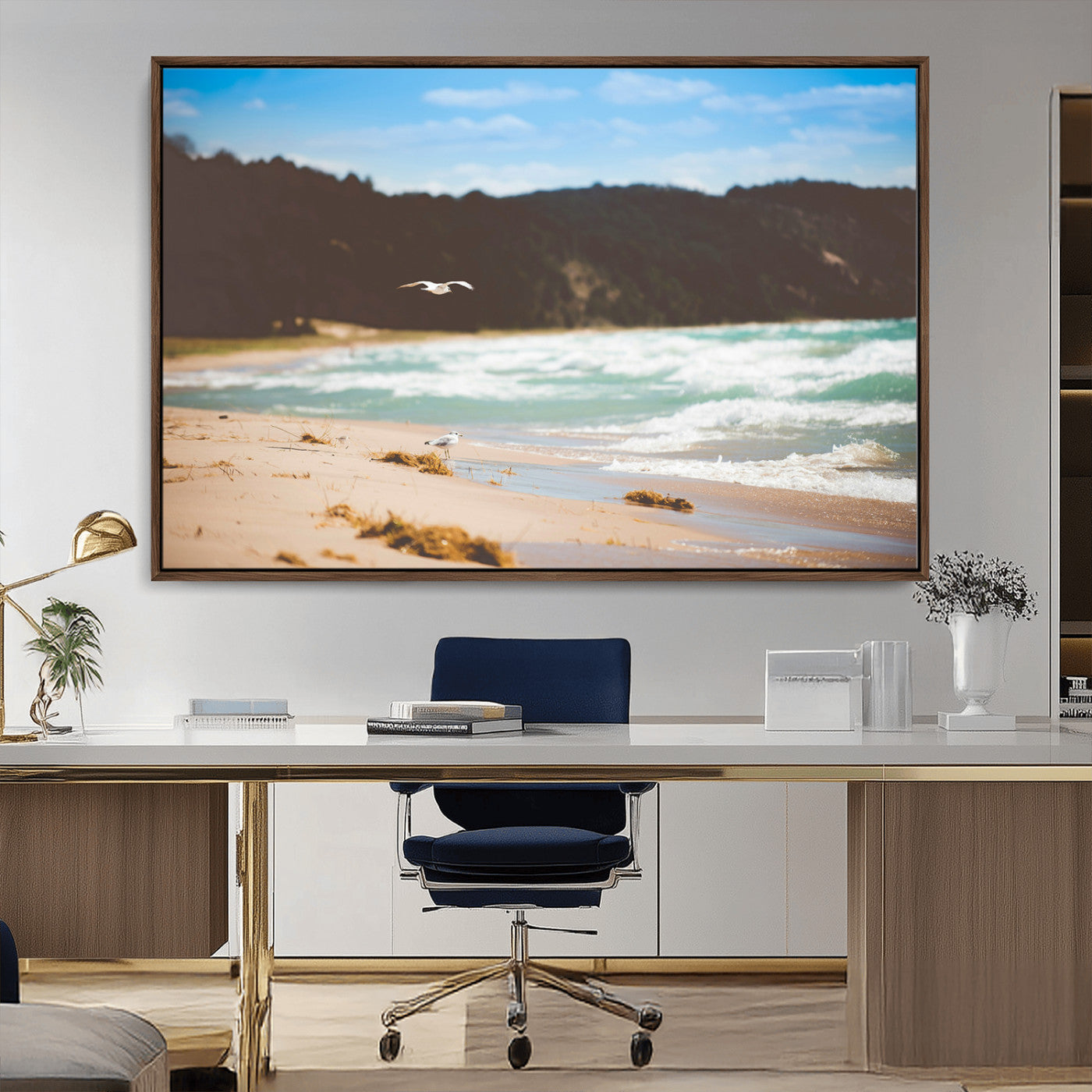 Serene beach scene with gentle ocean waves, sandy shore, and a seagull flying under a blue sky, perfect for coastal and nature-inspired decor.