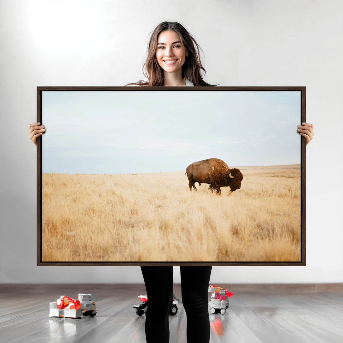 Buffalo Wall Art Canvas Print, Framed Western Wildlife Rustic Prairie Scene